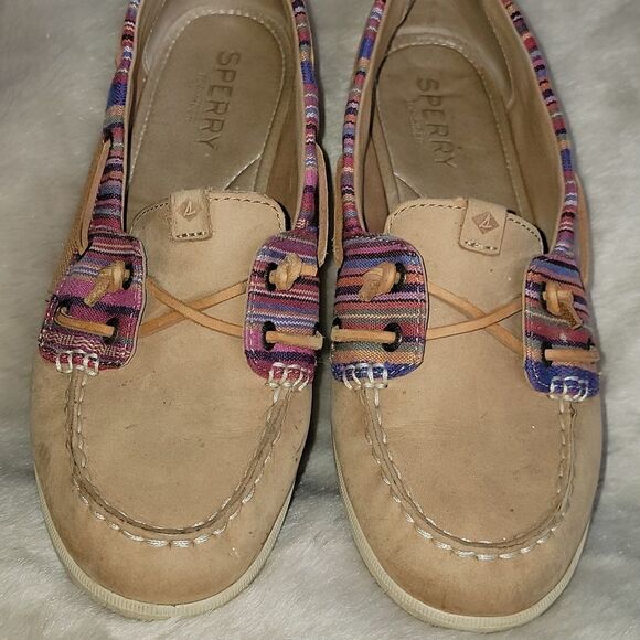 SPERRY TOP-SIDER TAN WITH PINK STRIPES LEATHER BOAT SHOES, SIZE 7.5 - Picture 8 of 10